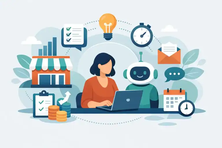 Illustration of AI and human collaboration for small business efficiency.