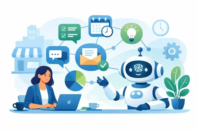 AI robot and woman working with digital tools for business automation.
