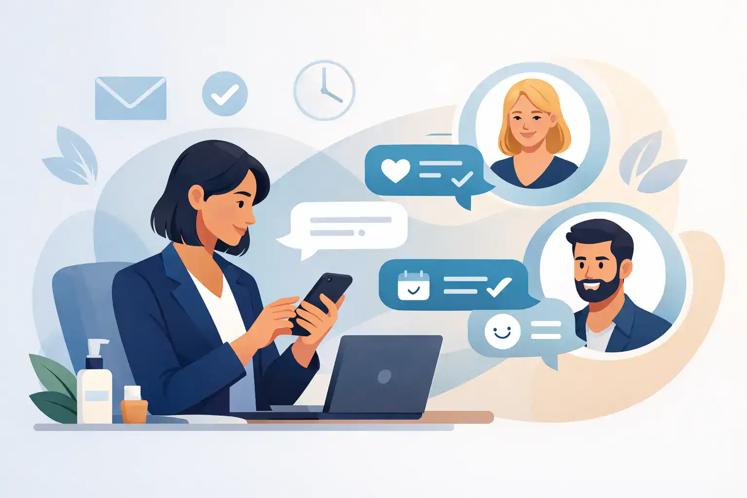 Businesswoman using smartphone for client communication and aftercare messaging.