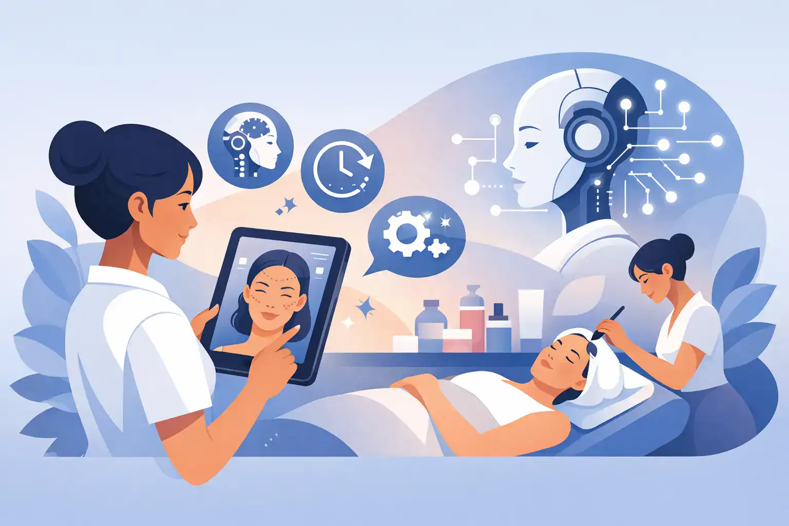 Beauty therapist using AI technology for skincare analysis and treatment.