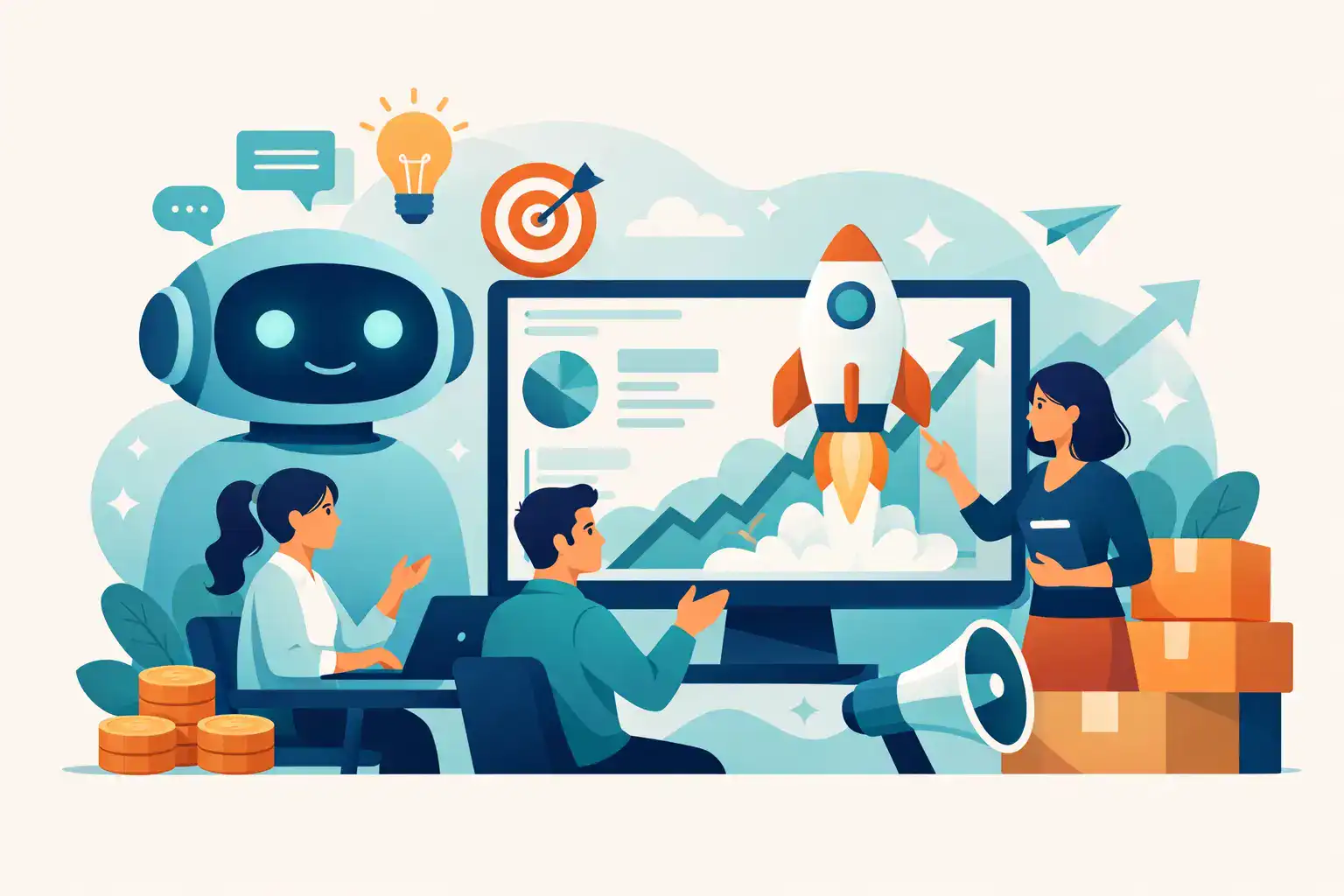 AI robot and team planning product launch with rocket and charts.