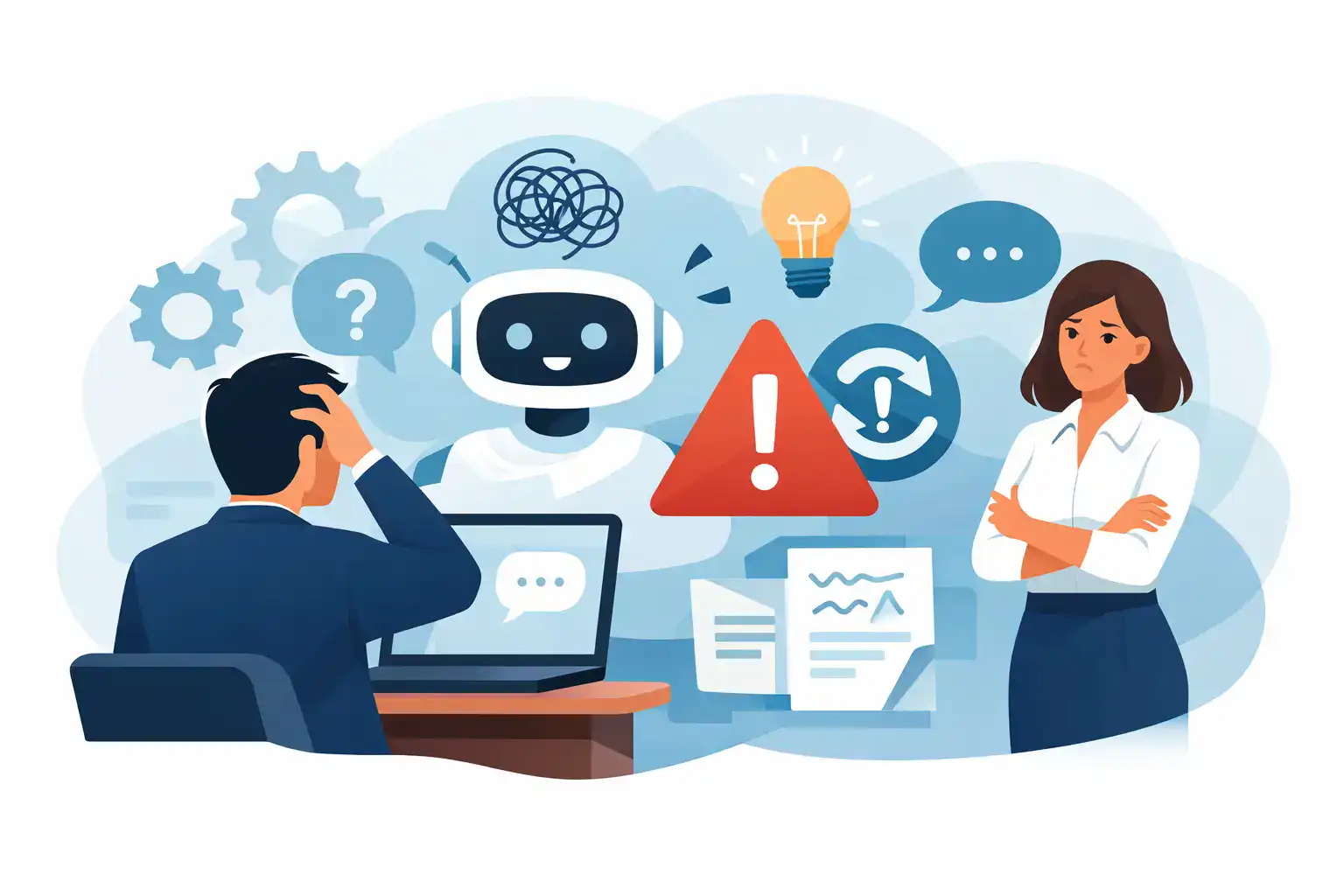 Business owner facing AI chatbot issues with support and error icons.