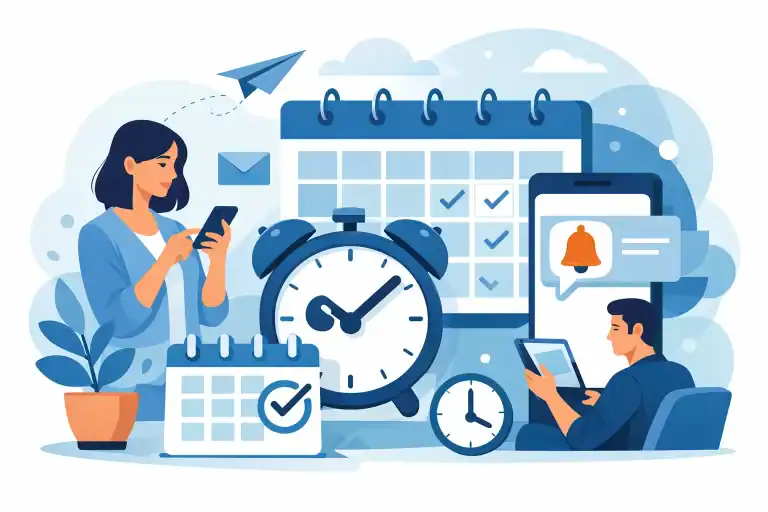 People managing appointments with digital devices and calendars.