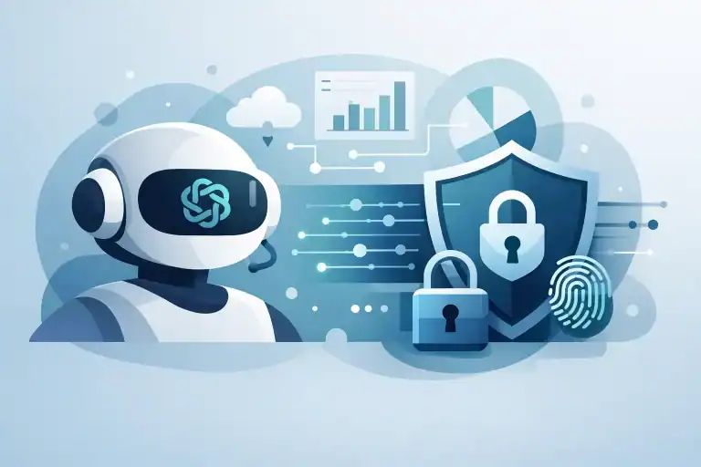 Futuristic AI robot with security shield and data analytics icons.