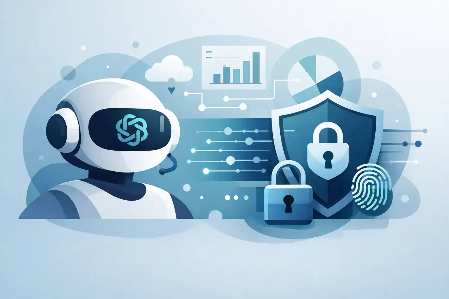 Futuristic AI robot with security shield and data analytics icons.