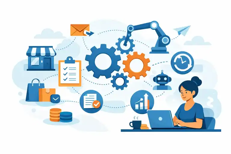 Business automation with gears, robot, and woman working on laptop.
