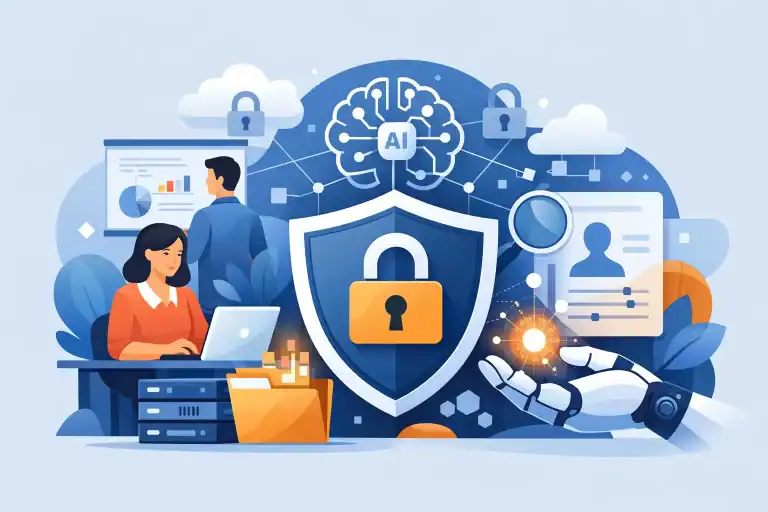Illustration of AI data privacy with shield, cloud, and security icons.