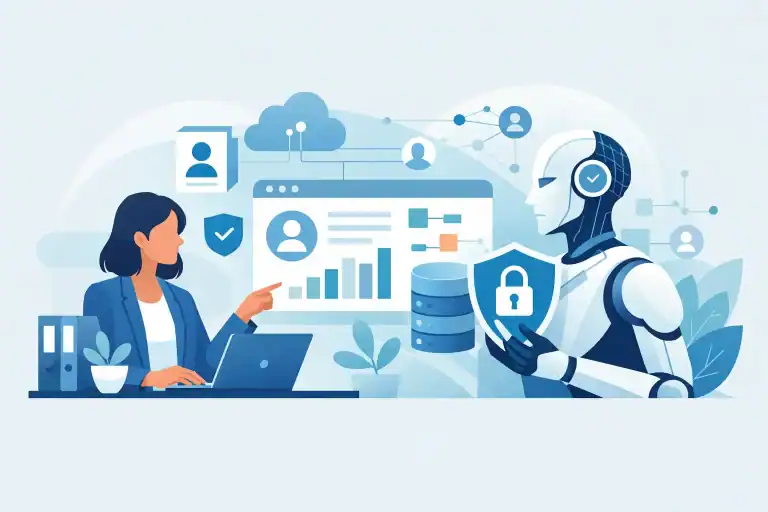 AI robot and woman discussing client data security and management.