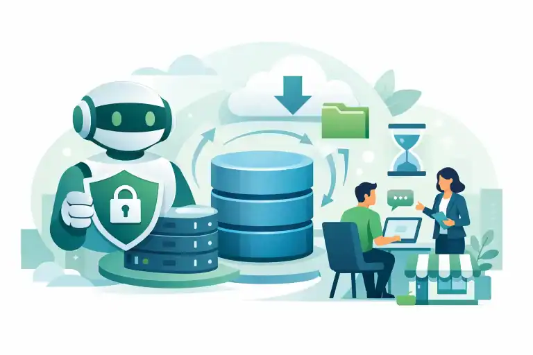 Robot with shield protecting data, cloud storage, and team discussing data management.