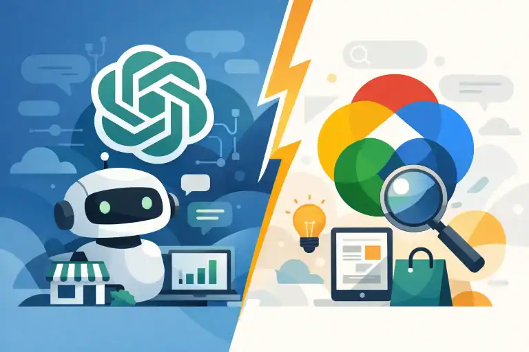 Illustration of AI chatbot and search engine concepts for small business.