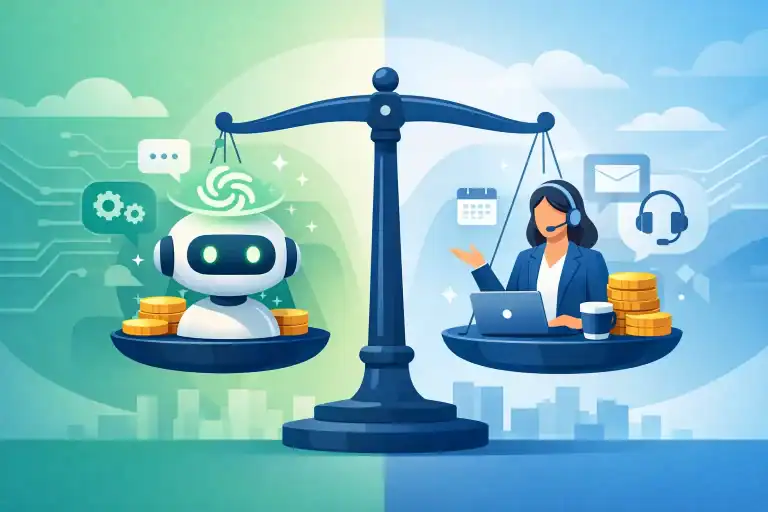 Robot and human on a balanced scale representing AI and virtual assistance.