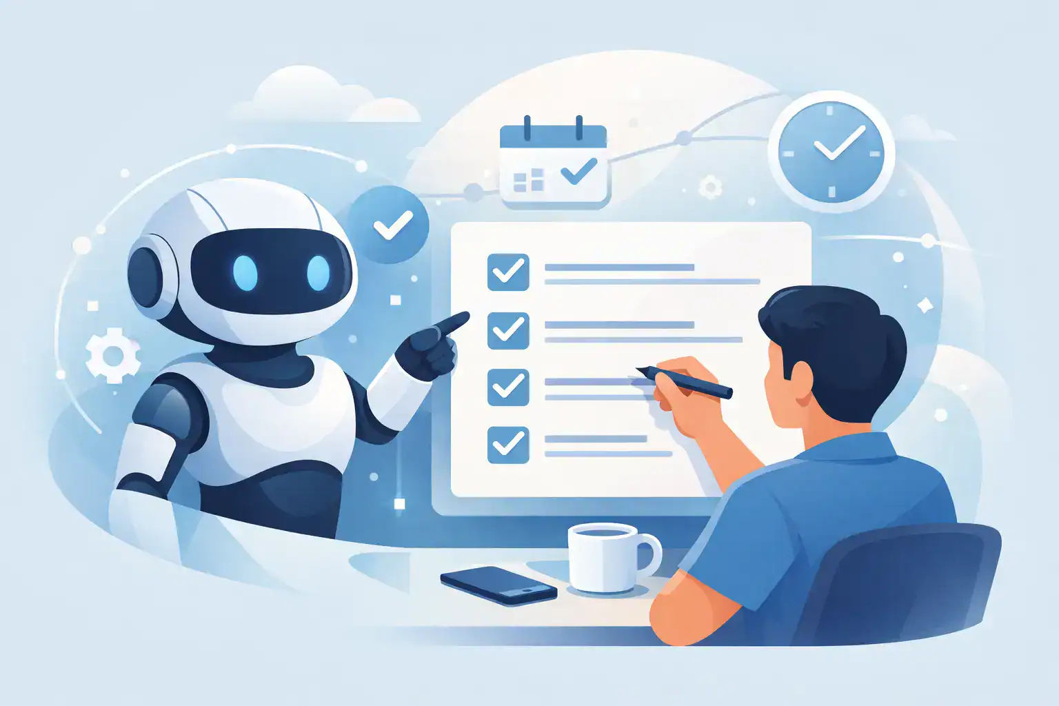 Robot and human collaborating on daily checklists for productivity.