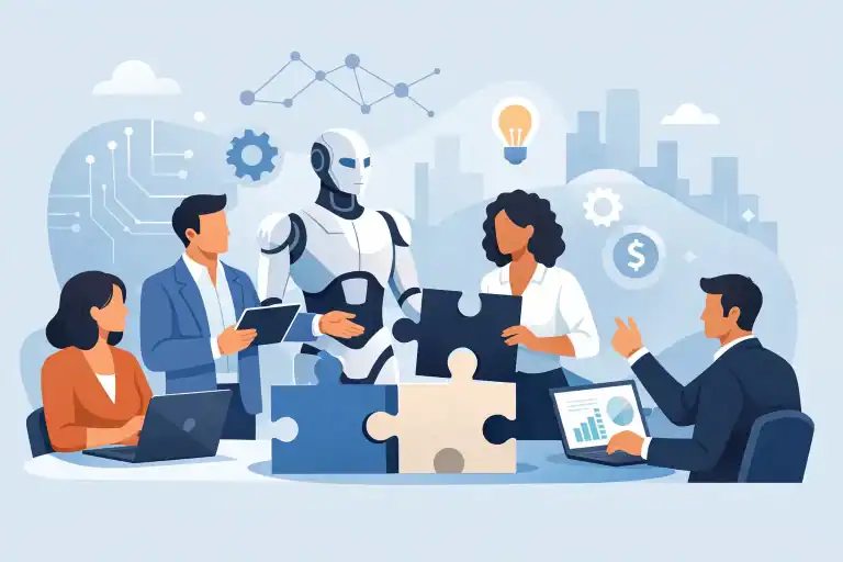 AI team collaboration with robot and professionals in a modern office.