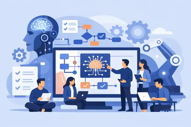 Team working on AI-driven SOP creation with automation and machine learning tools.