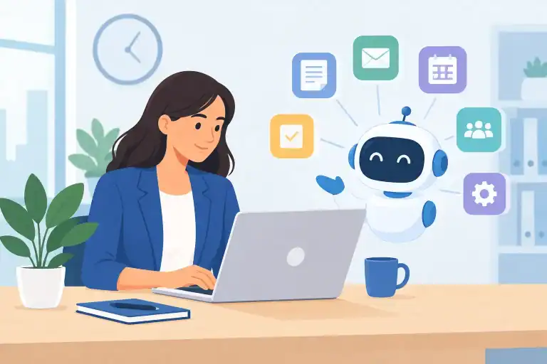 Woman working on a laptop with a friendly AI robot in an office setting.