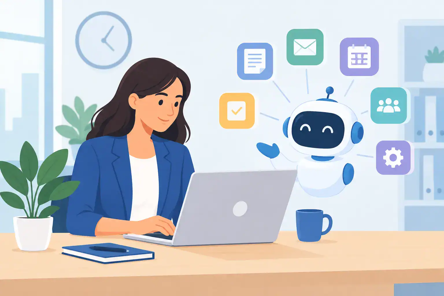 Woman working on a laptop with a friendly AI robot in an office setting.