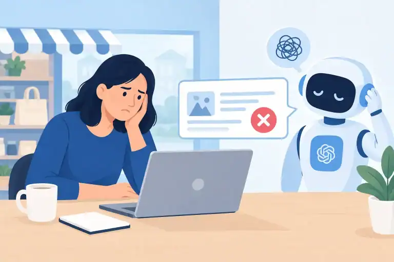 Frustrated woman with AI robot facing prompt failure on laptop.