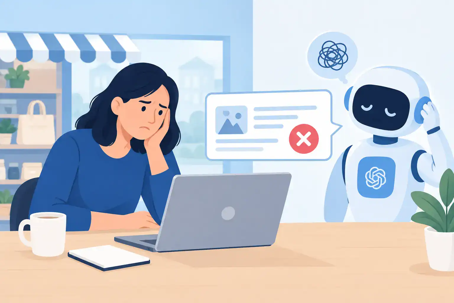 Frustrated woman with AI robot facing prompt failure on laptop.