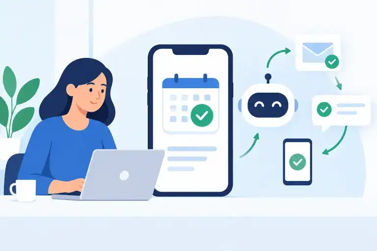 Illustration of appointment confirmation automation with AI chatbot and mobile devices.