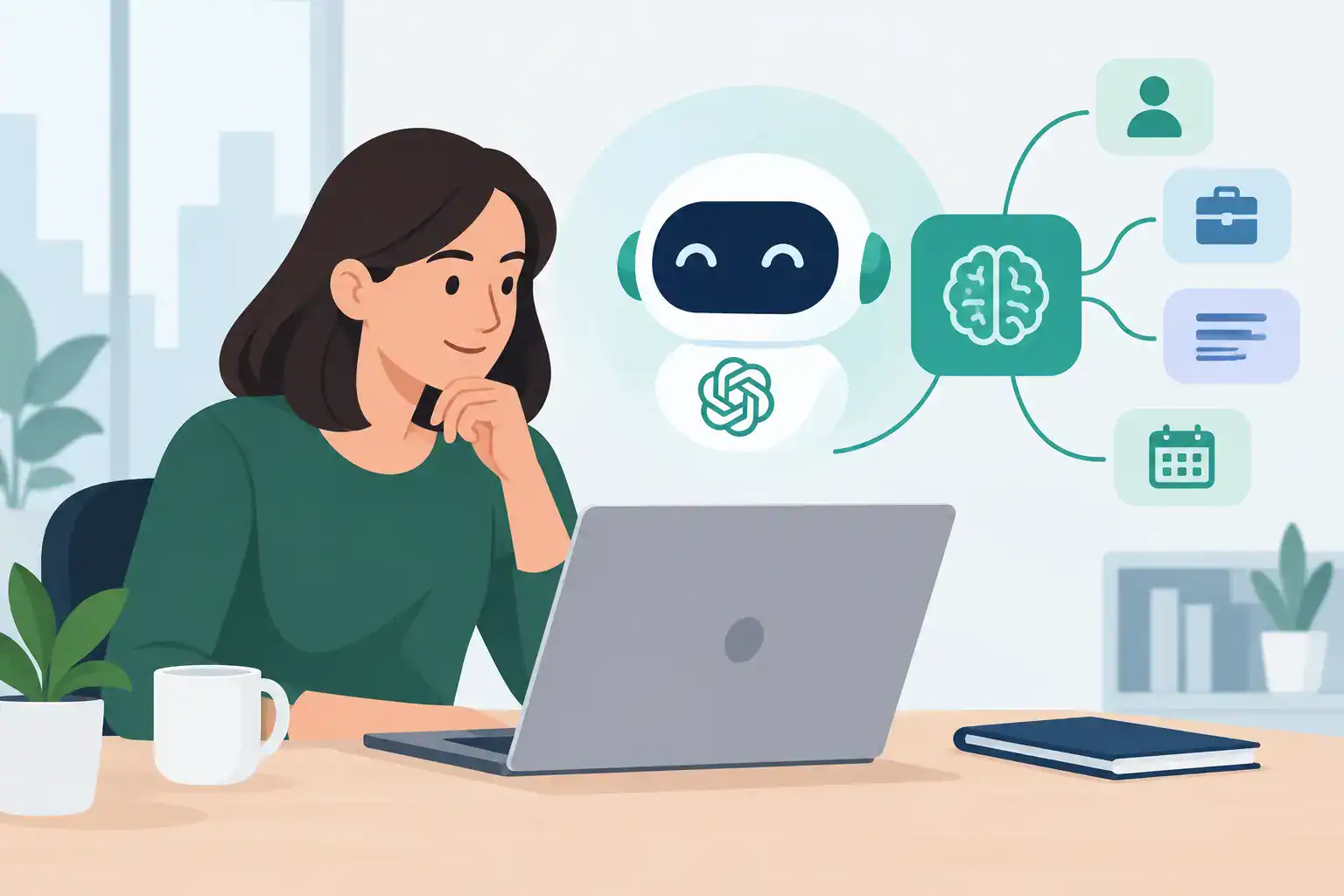 Woman working with AI chatbot and digital tools in office.
