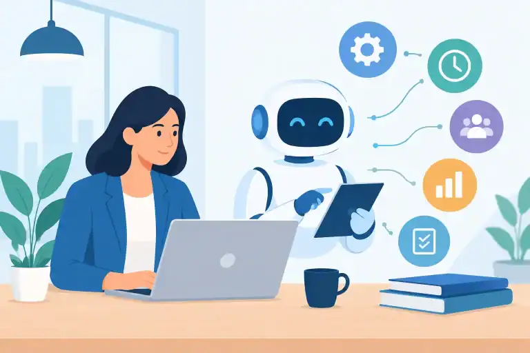 Businesswoman working with AI robot for automation solutions.